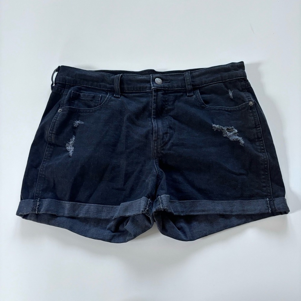 Old Navy Women's Size 10 Mid Rise Boyfriend Shorts Black Denim Cuffed Distressed